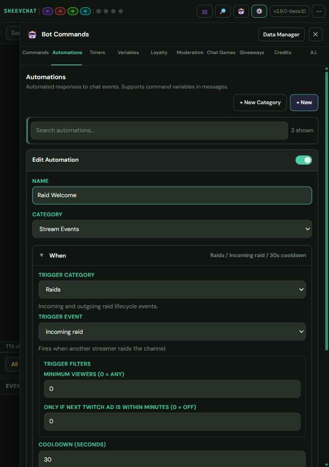 An automation editor showing its trigger category, event, filters, and cooldown