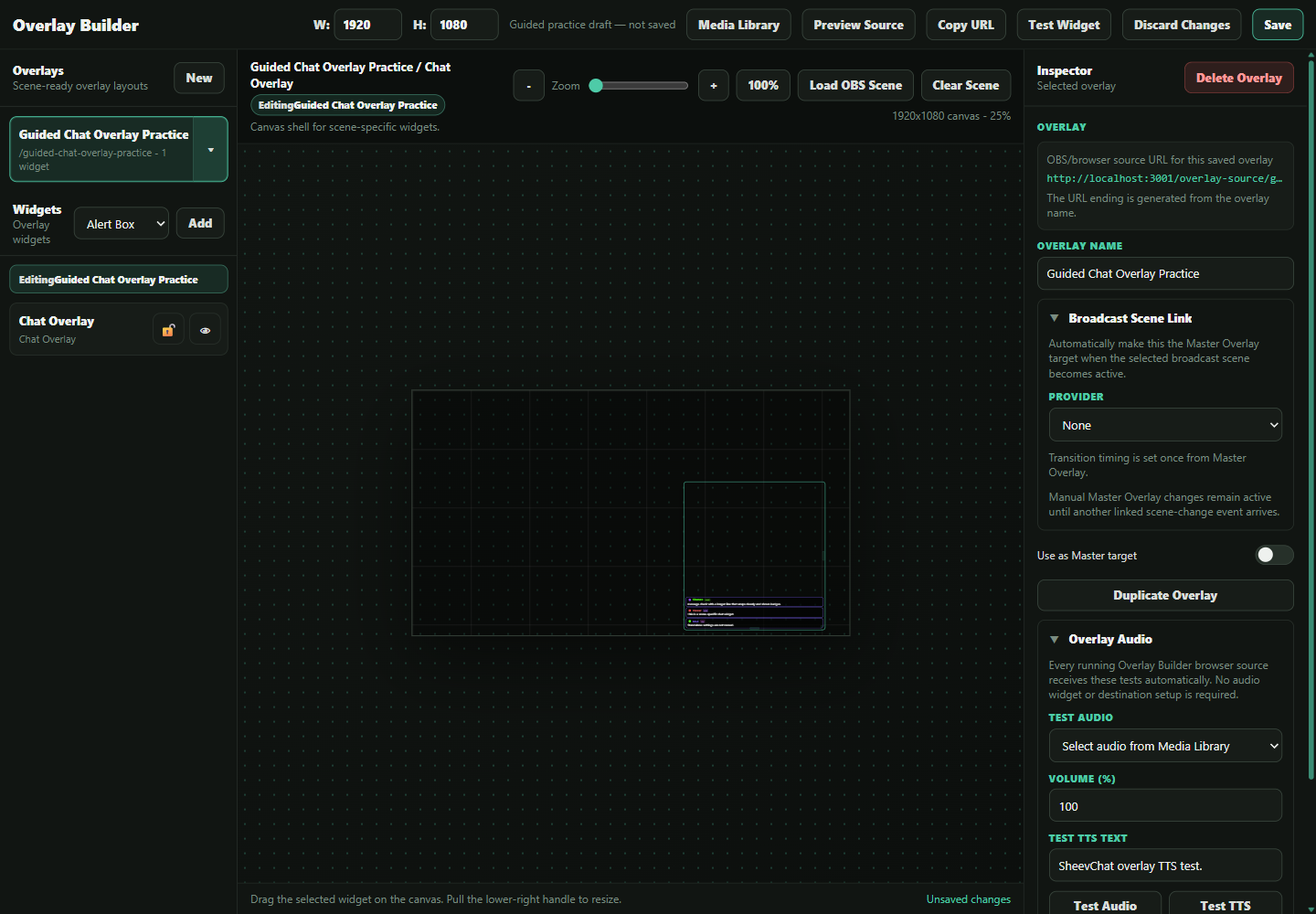 Overlay Builder showing a practice overlay, widget list, canvas, and Inspector