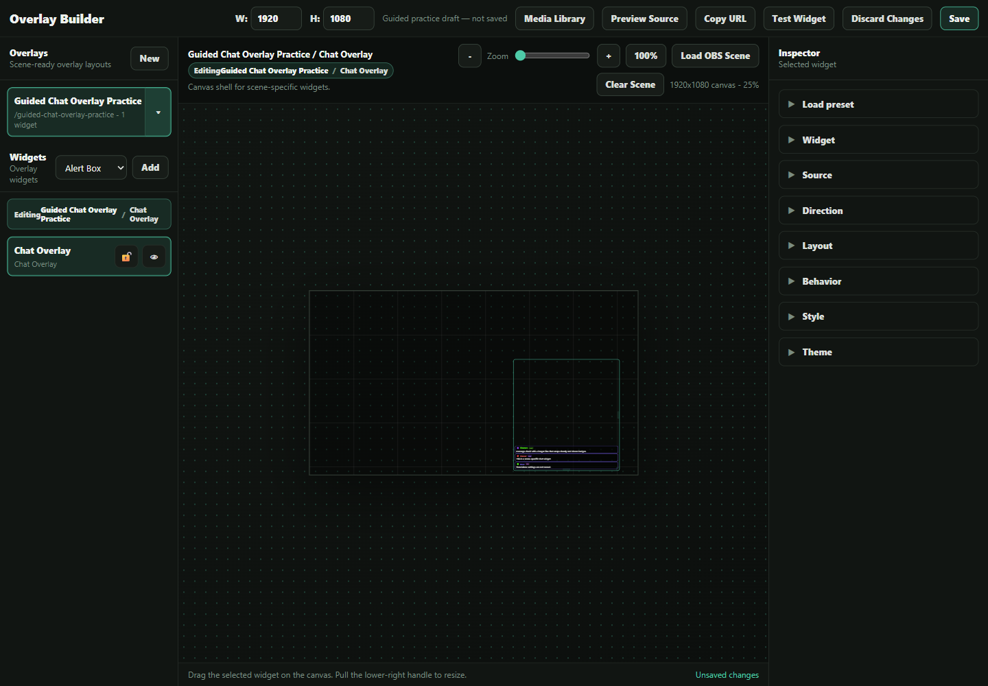 A selected Chat Overlay widget with its configurable Inspector sections