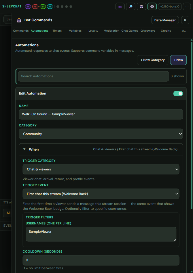 A viewer-specific Welcome Back trigger with a username filter